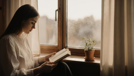 A young woman sits near a window, engrossed in reading a book, a small plant nearbyの素材
