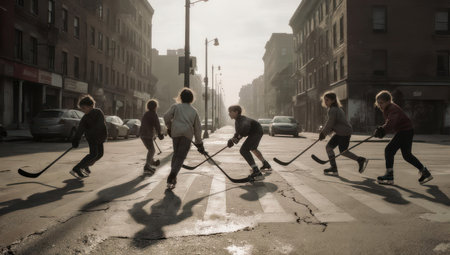 Children play street hockey on a crosswalk in an urban environment, with sunlight and shadowsの素材