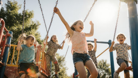 Children enjoying playground swings, bathed in sunlight, expressions of pure joy and excitementの素材