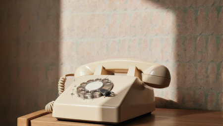 Beige vintage phone on a wooden surface, against a floral wallpaper backgroundの素材