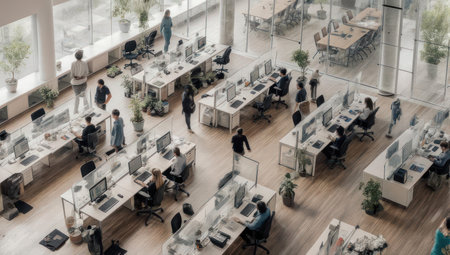 An overhead view of a modern office space with employees, windows, desks, and plantsの素材