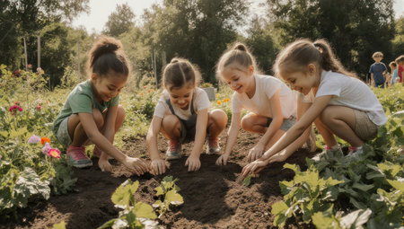 Four smiling young girls planting in a garden. Other kids and trees are in background. Bright dayの素材