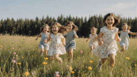 Group of cheerful children racing through a wildflower meadow on a sunny dayの素材