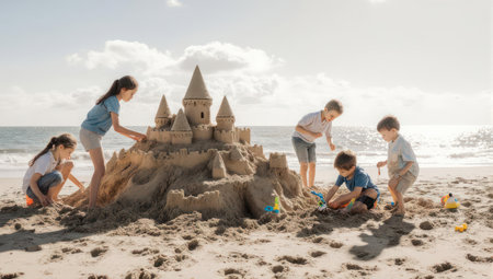 Children construct large sandcastle at seashore. Sunlight, water, and clouds fill scene with joyの素材