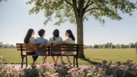Four young people sitting on a bench in a park, backs to the camera, enjoying the viewの素材