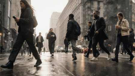 People crossing a wet street in a city, some looking at their phones, with buildings in the backgroundの素材