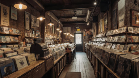 Inside a vintage vinyl record store filled with albums and ambient lightingの素材