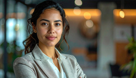 Portrait of young businesswoman looking at camera with smile while standing in officeの素材