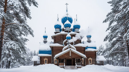 Wooden Church of the Archangel Michael in the winter forest. Russiaの素材