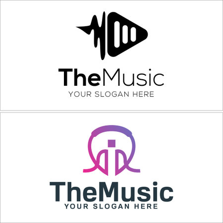 Symbol play button triangle wave music and headphone logo entertainmentのイラスト素材