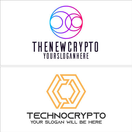 Technology icon blue purple circle and orange hexagon line art logo designのイラスト素材