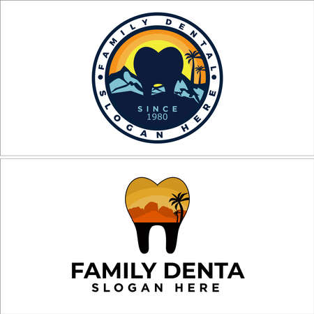Dental clinic medical with tooth mountain and tree palm logo designのイラスト素材