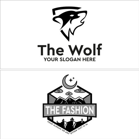 Illustration vector wolf and mountain moon cloud logo designのイラスト素材