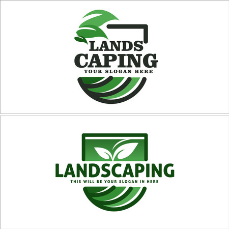 Landscaping badge  with land field and leaf plant greenのイラスト素材