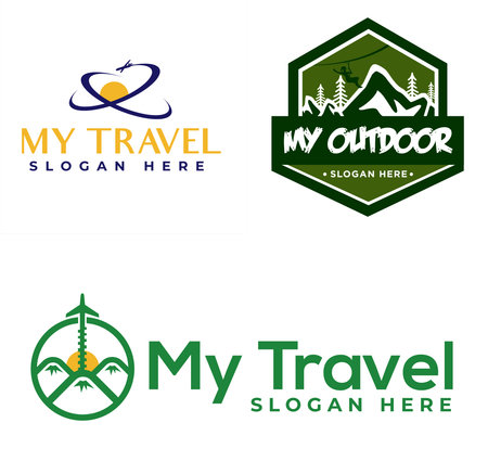 Travel outdoor adventure with icon plane sun mountain and tree pine logo designのイラスト素材