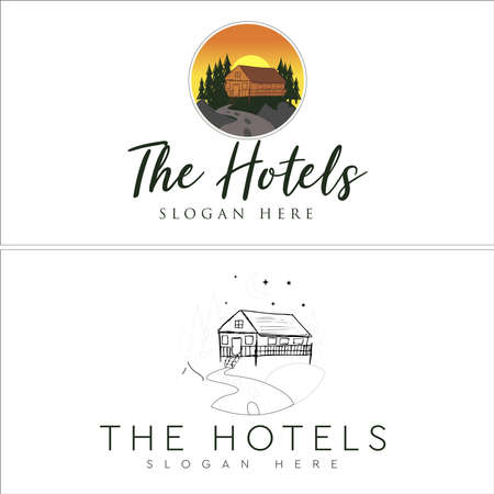 Hotel cabin villa rental pine tree recreation holiday logo designのイラスト素材