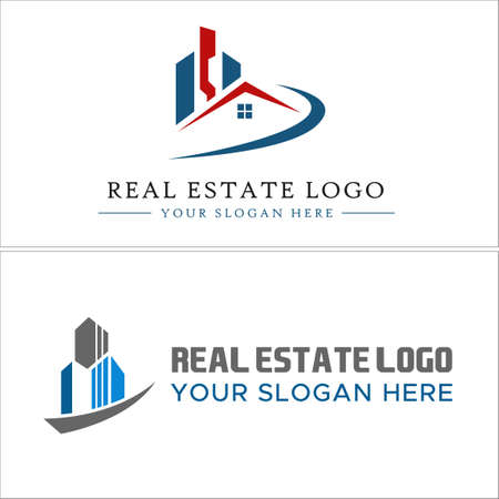 Gray blue red line art roof swash building combination mark logo design vector suitable for real estate mortgage agents lender business property investmentのイラスト素材