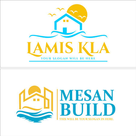 Modern home building sea wave beach logo designのイラスト素材