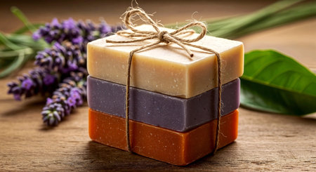 Natural handmade soap with lavender flowers on wooden background. Spa conceptの素材