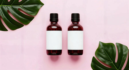 Mockup of two cosmetic bottles with blank label and monstera leaves on pink backgroundの素材