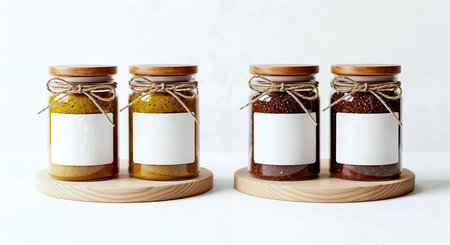 Three glass jars with spices on a wooden stand on a white backgroundの素材