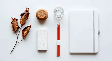 Flat lay, top view office desk workspace with blank notebook, pencil, eraser and dried leaves on white background.の素材