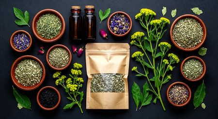 Herbal medicine concept. Assortment of herbs and spices on black background.の素材