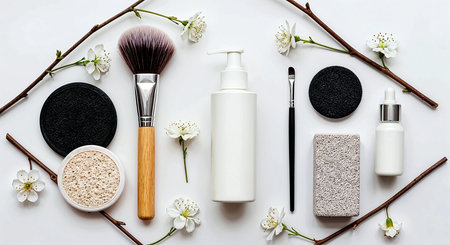 Flat lay of cosmetic products and spring flowers on white background.の素材