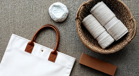 Eco bag and bamboo basket with cotton towels on gray background.の素材
