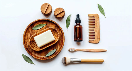 Zero waste bathroom concept. Cosmetics and natural ingredients on white background top viewの素材
