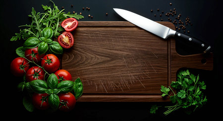 Wooden cutting board with fresh herbs, tomatoes and knife on black backgroundの素材