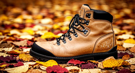 Leather boot on autumn leaves background. Fashion shoes. Autumn season.の素材