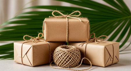 Gift boxes wrapped brown kraft paper with twine twineの素材