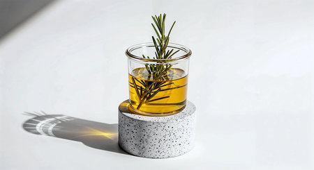 A glass of fresh rosemary oil with a sprig of rosemaryの素材