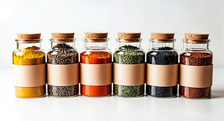 Assortment of spices in glass bottles on white background, closeupの素材