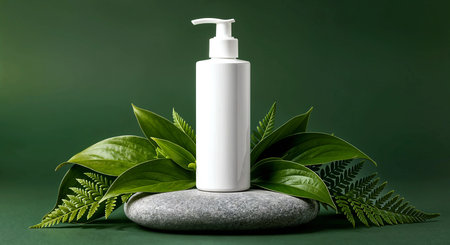 White cosmetic bottle on stone with green leaves on green background. Beauty and spa concept.の素材