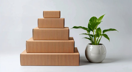 Steps made of cardboard with green plant in pot on white backgroundの素材