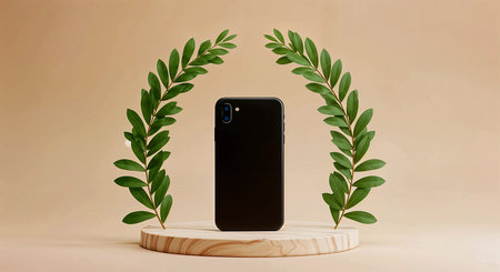 Smartphone with green leaves on a beige background. 3d renderingの素材