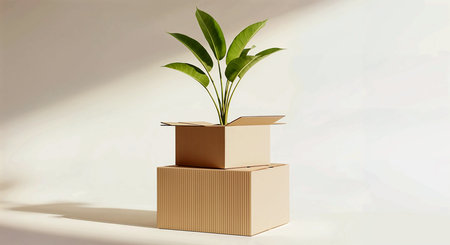 Cardboard boxes with a plant on a white background. 3d renderingの素材