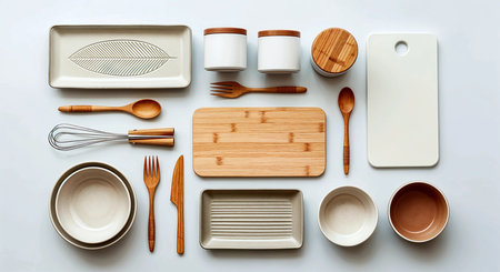 Kitchen utensils on the white background. Top view.の素材
