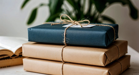 Stack of gift boxes tied with rope and tied with twine.の素材