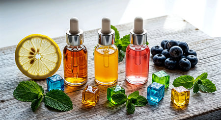 Essential oil in glass bottles with blueberries, lemon and mintの素材