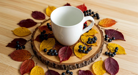 Cup of coffee with autumn leaves and berries on a wooden backgroundの素材