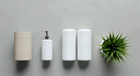 Set of cosmetic products on grey background. Top view. Flat lay.の素材