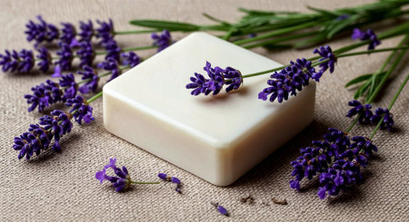 Lavender soap with fresh lavender flowers on rustic backgroundの素材