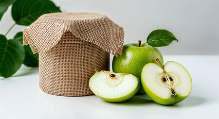 Green apples and a jar of apple jam on a white background.の素材