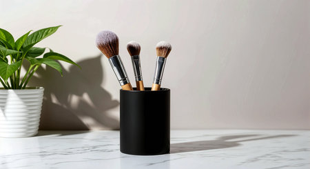 Makeup brushes in black holder on white marble table with copy spaceの素材