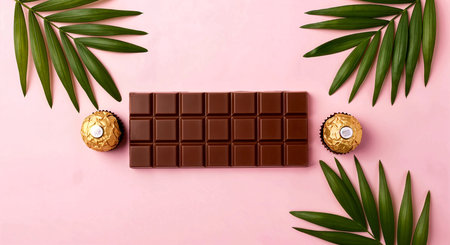 Chocolate bar, palm leaves on pink background. Flat lay, top view.の素材