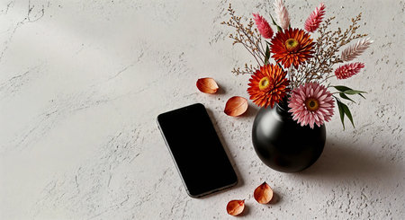 Flowers in black vase and mobile phone on white concrete backgroundの素材