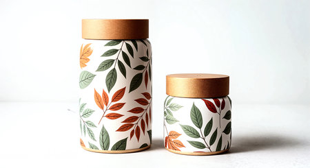 Ceramic containers with colored leaves isolated on a white background.の素材